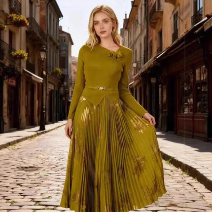 Miyake African Wholesale Miyake New Bronzing Hand-cranked Flower Suit Collar Temperament Loose Women's Dress