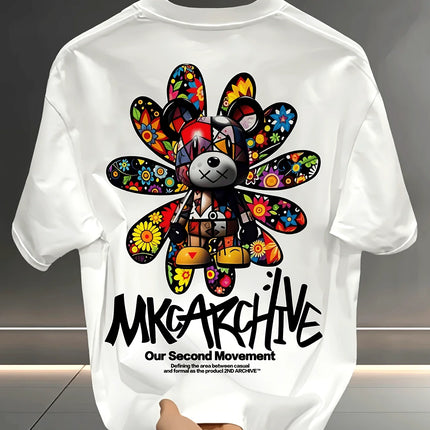 Colorful Sunflower Bear Graffiti Graphic Tee with Bold Lettering 100% Cotton Men's T-shirt Summer Vibrant Casual Statement Top