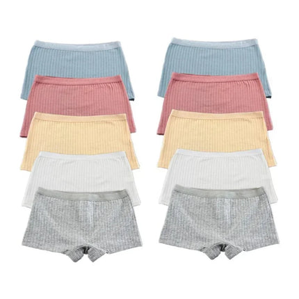 10PCS Women Boxers Underwear Ribbed Cotton Panties Sports Ladies Boyshorts Female Solid Color Cozy Lingerie Intimate