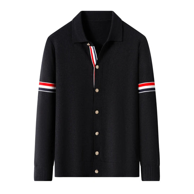 High Quality Autumn Winter Mens Long-Sleeved Knitted Sweater Lapel Button Classic Stripe Snug Keep Warm British Style Men's Tops