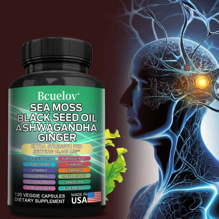 Sea Moss Complex Capsules with Ashwagandha Black Seed Oil Ginger, Daily Nutrition for Thyroid Gut Immune Skin & Joint Wellness