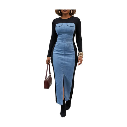 Women's Round Neck Long Sleeve Color Block Front Slit Slim Fit Midi Dress For Urban Street Daily Casual Fashion Occasions