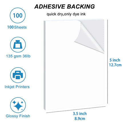 ESHANG Glossy Sticker Paper 3.5"x5" 100 Sheets for Inkjet, 135gsm, Dye Ink Only, Self-Adhesive Photo Paper for Crafts