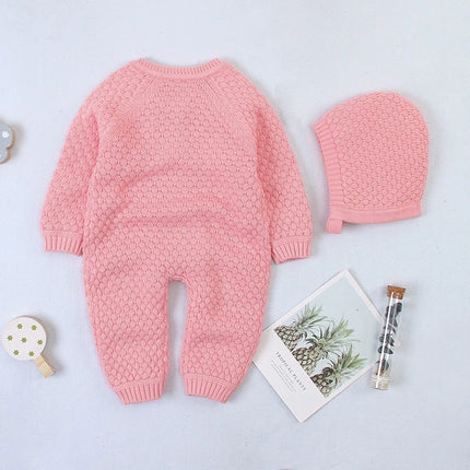 Unisex Baby Cotton Knit Romper with Hat for Fall & Winter Boys & Girls Solid Bodysuit Halloween Outward Long Sleeve Jumpsuit