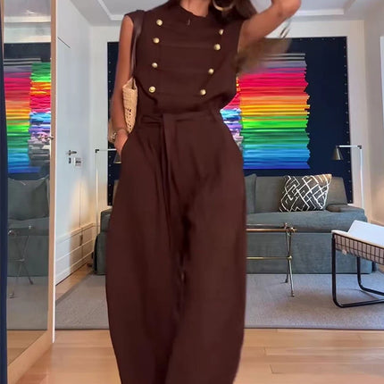 TFMLN Fashion Double Breasted Jumpsuits for Women Stand Collar Sleeveless High Waist Long Pants With Belt Elegant Rompers