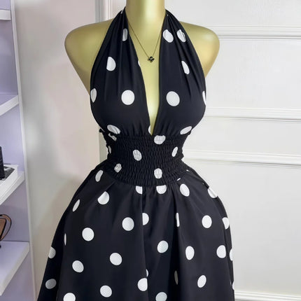 CM.YAYA Women Dot Printed Sleeveless Halter V-neck Big Swing A-line Mini Dress 2025 Summer Vacation Sexy Party Evening Dresses