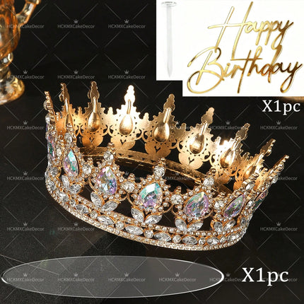 2pcs Pink Crown Birthday Cake Topper Set Gold Happy Birthday Acrylic Cake Decor Rhinestone Queen Tiara Cake Decoration for Women