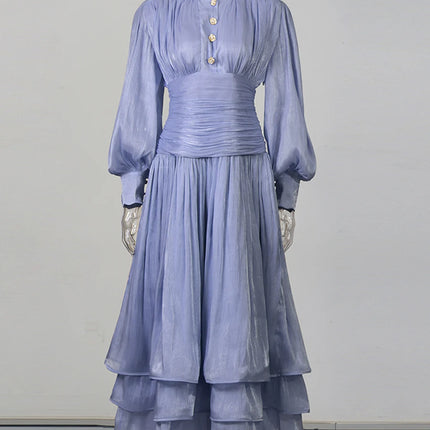 TWOTWINSTYLE Solid Spliced Metal Buttons Temperament Long Dresses for Women High Neck Long Sleeves Patchwork Folds Dress Female
