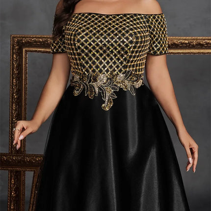 Plus Size Elegant Short Sleeve Sequins Splicing Formal Evening Dresses Women Luxury Party Bridesmaid Cocktail Gowns