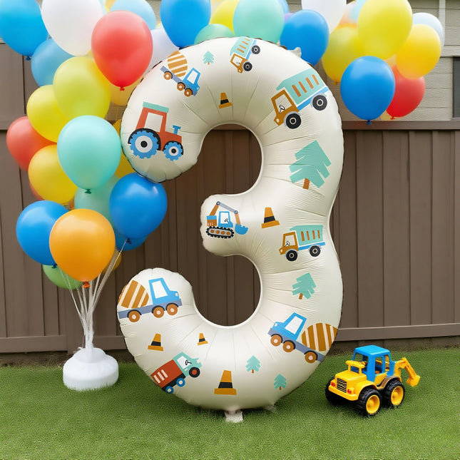 32in Foil Number Balloons with Construction Vehicle Stickers, 0-9 for Birthday Party Home Decor, Graduation/Halloween/