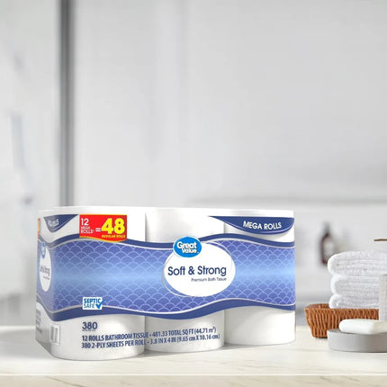 12 Mega Rolls 2‑Ply Unscented Toilet Paper, Septic‑Safe Soft & Strong Household Bath Tissue