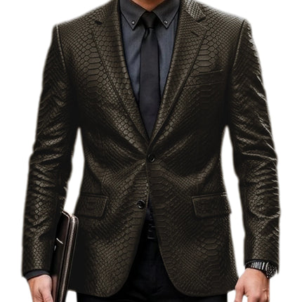 Men's Luxury Crocodile Pattern Leather Blazer Slim Fit Two Button Notch Lapel Suit Jacket Business Casual Wedding Tuxedo Dress