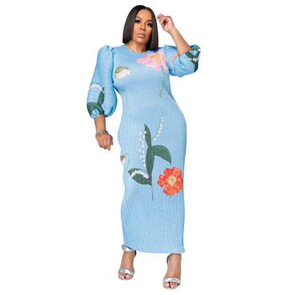 Elegant Women Pleated Half Lantern Sleeve O-neck Slim Maxi Long Dress Print Fashion Autumn 2026 Ruched Dresses Vestidos