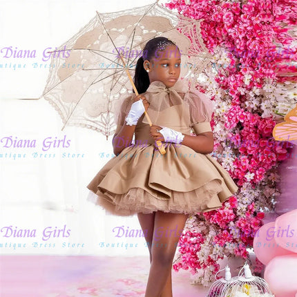 Customized Gorgeous Pink Flower Girl Dress Layered Wedding With  Decoration And Shiny Tulle Satin Tutu Birthday Evening Dress