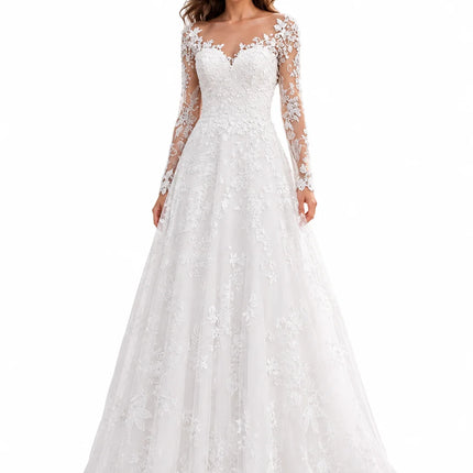 Elegant Lace Appliqué A-Line Wedding Dress for Women Long Sleeve Illusion V Neck Tulle Ball Gown with Pockets Floor Length Formal Evening Prom Dress