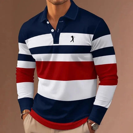 Men's striped rugby polo long-sleeved collar shirt casual school outdoor sports casual 3d printing spring, autumn and winter
