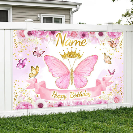 Custom Name Birthday Photo Backdrop Banner - Princess Theme Floral Butterfly Background with Glitter for Girls Party Decor