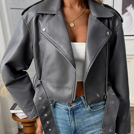 Ailegogo Spring Autumn Women Faux Pu Leather Short Jacket with Belt Motorcycle Biker Female Zipper Lapel Loose Coat Outwear