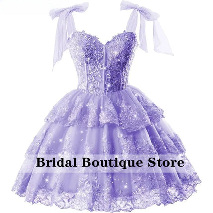 Sparkly Tiered Lace Tulle Homecoming Dresses Short Bow Straps Formal Prom Gowns Sweet 16