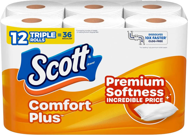 1-Ply Bath Toilet Paper, 12 Triple Rolls Equal to 36 Regular Rolls, 231 Sheets per Roll, Rapidly Dissolving Septic-Safe Tissue, Durable Disposable Bathroom Toilet Tissue for Household, RV and Septic Plumbing Systems