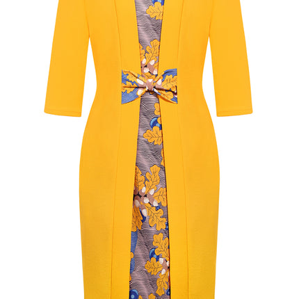 Womens Elegant Floral Patchwork Bow Tie 2/3 Sleeve Work Office Knee Length Business Casual Party Bodycon Sheath Dress