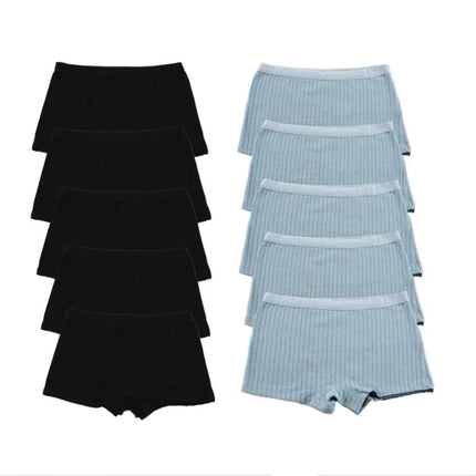 10PCS Women Boxers Underwear Ribbed Cotton Panties Sports Ladies Boyshorts Female Solid Color Cozy Lingerie Intimate