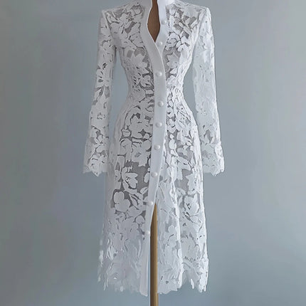 Women's Floral Lace Hollow Out Elegant Dress Solid Single-breasted Stand Collar Sweet Long Sleeve Cardigan Outwear Midi Dresses