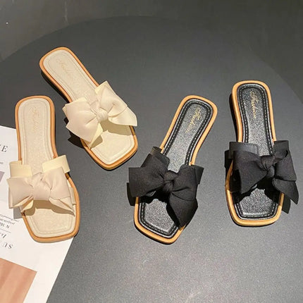 Casual Soft Sole Bowknot Slippers PVC Anti Slip Flat Slides Sandals Sweet Shoes Slippers Women Summer