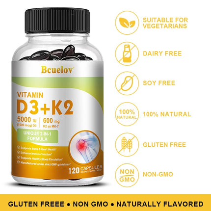Vitamin D3 5000IU & Vitamin K2 600mg Capsules, Boost Calcium Absorption, Bone, Joint, Dental, Heart & Immune System Support
