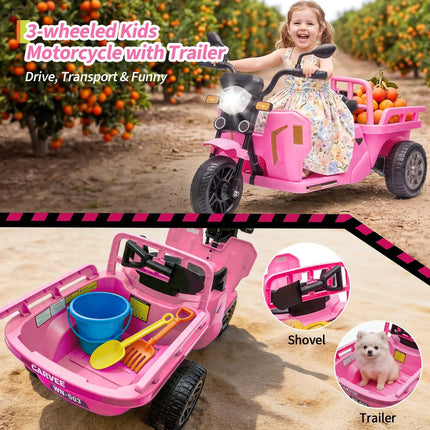 12V Kids Electric Tricycle With Trailer, 110W Ride On Motorcycle Tractor, Sand Shovel, Bluetooth Music, LED Headlight, 3 Speeds