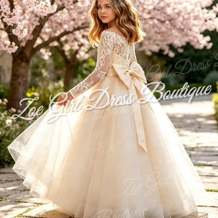 White Full Lace Long Sleeve Tulle Flower Girl Dress Back Bow Floor Length Kids First Holy Communion Wedding Birthday Custom Gown