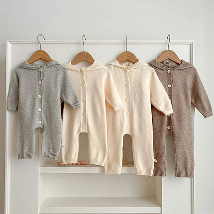 2024 New Autumn Winter Toddler Baby Boys Girl Knitted Romper Long Sleeved Solid Color Hooded Infant  Baby Knitted Jumpsuit
