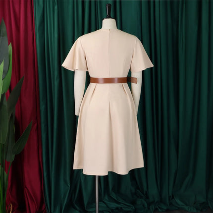 Fashion African Dresses for Women V Neck Short Sleeve Belt Waisted Pleated Mid Calf Elegant Ladies Birthday Party Dinner Dress