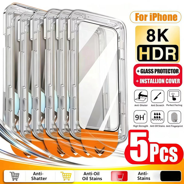 1-5Pcs HD Tempered Glass For iPhone 18 Pro 17 Air 16 15 14 13 12 11 Pro Max 8 7 Plus XR XS Max SE Auto Install Screen Protectors