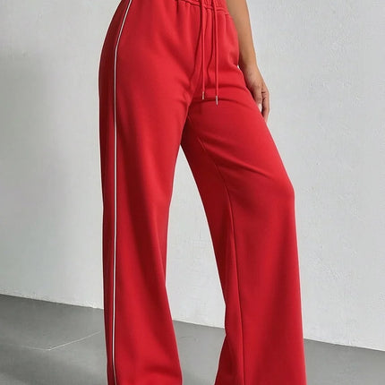 Women Sweatpants Cotton Red Side Striped Sports Pants Straight Elastic Waist Pants For Women Navy Blue Sweatpants With Stripe