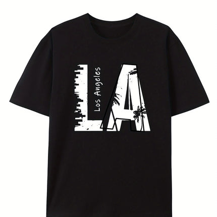 Men's summer 100 cotton fashionable casual loose plus size Los Angeles letter printed sports round neck short sleeved T-shirt