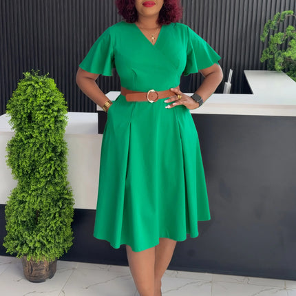 Fashion African Dresses for Women V Neck Short Sleeve Belt Waisted Pleated Mid Calf Elegant Ladies Birthday Party Dinner Dress
