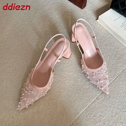 2026 New Fashion String Bead Women Square Heels Sandals Pointed Toe Pumps Slip On Dress Ladies High Heels Sandals Mules Shoes