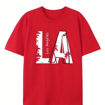 Men's summer 100 cotton fashionable casual loose plus size Los Angeles letter printed sports round neck short sleeved T-shirt