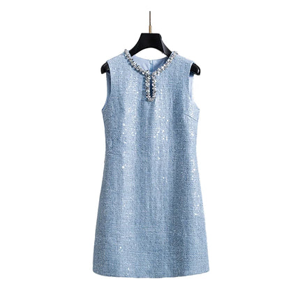 Classic Vintage Blue Sequin Beaded Tweed Sleeveless Mini Dress for Women Fall Party Cocktail Chic Elegant Trendy Casual Fashion