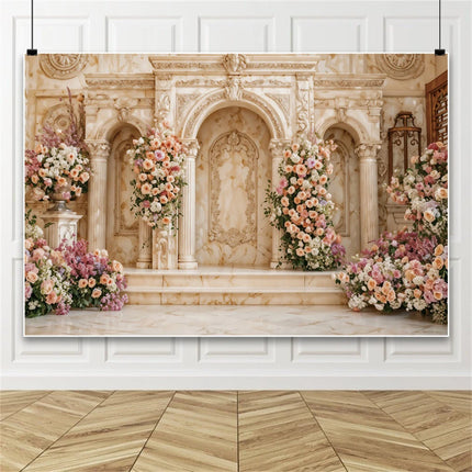 European Castle Window Wedding Backdrop Elegant Pink Rose Floral Arched Wall Photography Background for Birthday Party Decor