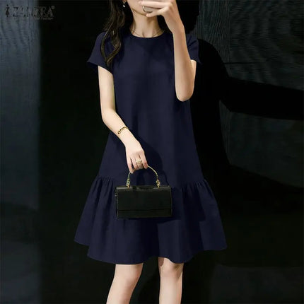 2026 Summer Sundress ZANZEA Women Solid Color Dress Elegant Ruffled Work Dresses Stylish Casual Holiday Party Knee Length Robe