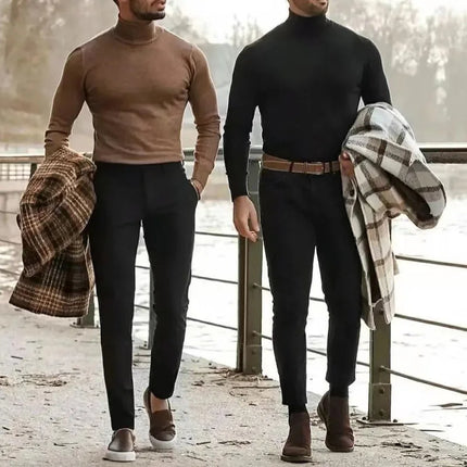 Men's High Collar Sweater Pullover Casual Solid Color Sweaters Long Sleeve Warm Knitted Turtleneck Outerwear