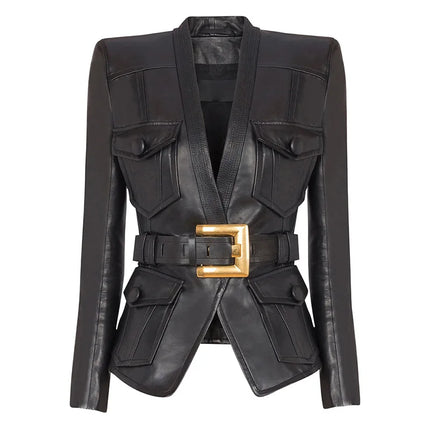 2026 new luxury and fashionable women's clothing belt slim fit leather jacket with multiple pockets motorcycle fashion jacket