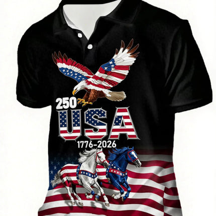 Trendy Patriotic USA 250th Anniversary Polo Shirt Men 3D Print Brush Stroke USA Flag Short Sleeve Casual Top For Independence