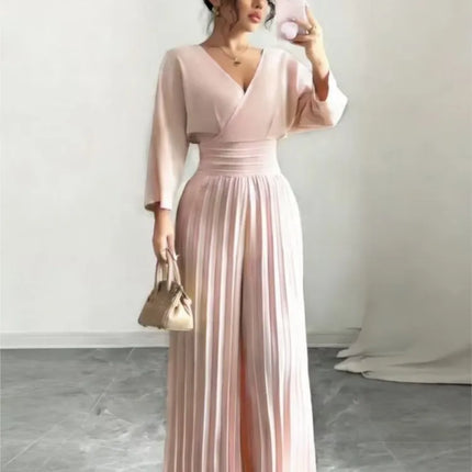 Women Spring Sexy Deep V-neck High-waisted Pleated Jumpsuit Fashion Solid Backless Slim Elegant Office Lady Wide-leg Jumpsuits