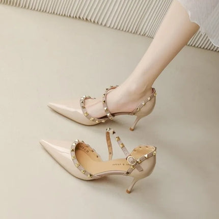 Fashion Pointed Thin Toe Heel Sandals Personality Rivet Female Shoes Slip-on Casual Shoes Women Summer New Sandals Women's 2025