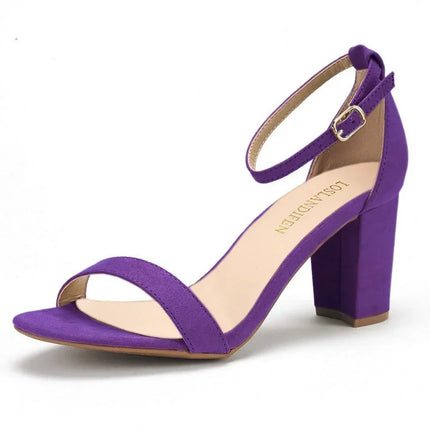 LOSLANDIFEN Women High Heels Sandals Women New Summer Shoes Woman Fashion Buckle Strap Square Heel Flock White Open Toe Sandals