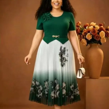 Miyake 2026 Summer New Fashion Design Sense Waist Printing Color Matching Big Pendulum Dress Elegant Women's Clothing