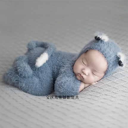 Newborn Knitted Angola Fuzzy Romper Baby Animal Outfit Photography Props Baby Cartoon Wolf Footed Overall Sets Photo Props